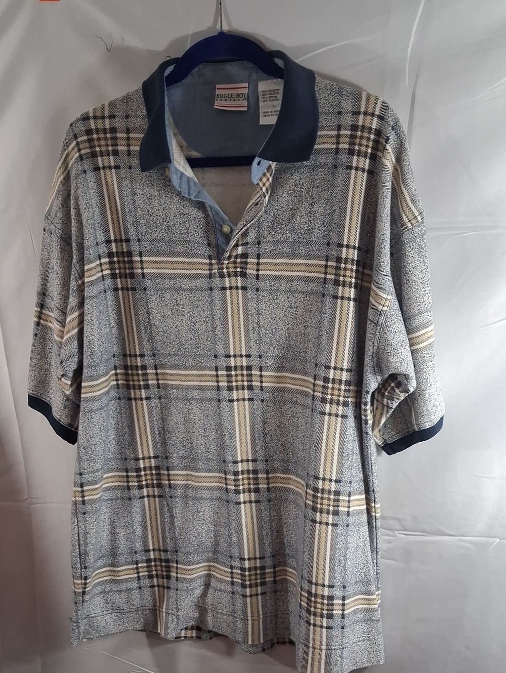 Bugle Boy Plaid Short Sleeve Polo in Gray and Tan